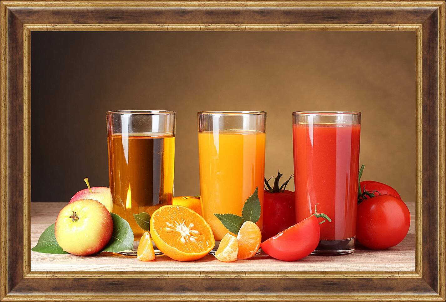 Картина в раме - Яблочный, апельсиновый, томатный соки