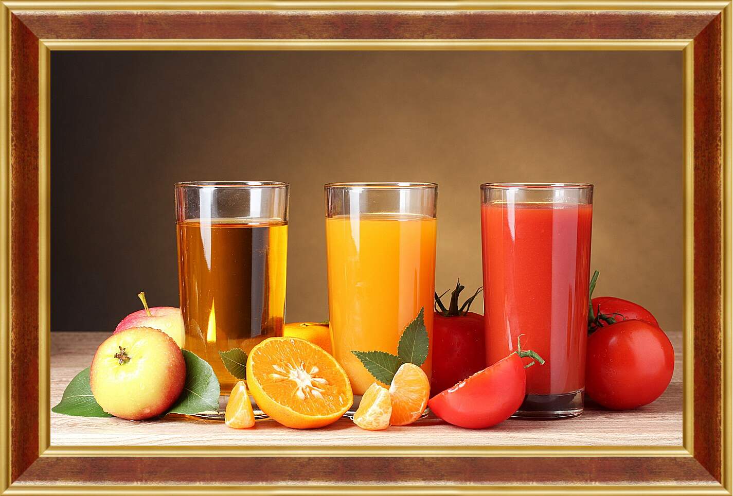 Картина в раме - Яблочный, апельсиновый, томатный соки