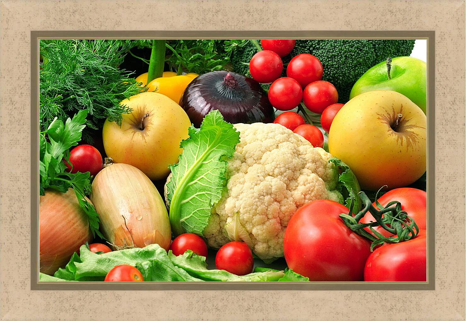 Картина в раме - Зелень, овощи и фрукты