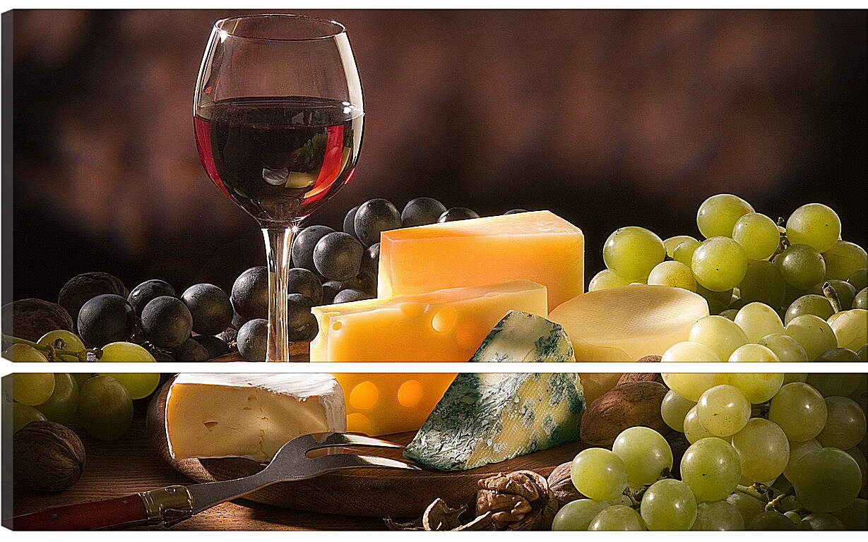 Модульная картина - Разнообразие сыров, виноград и бокал вина