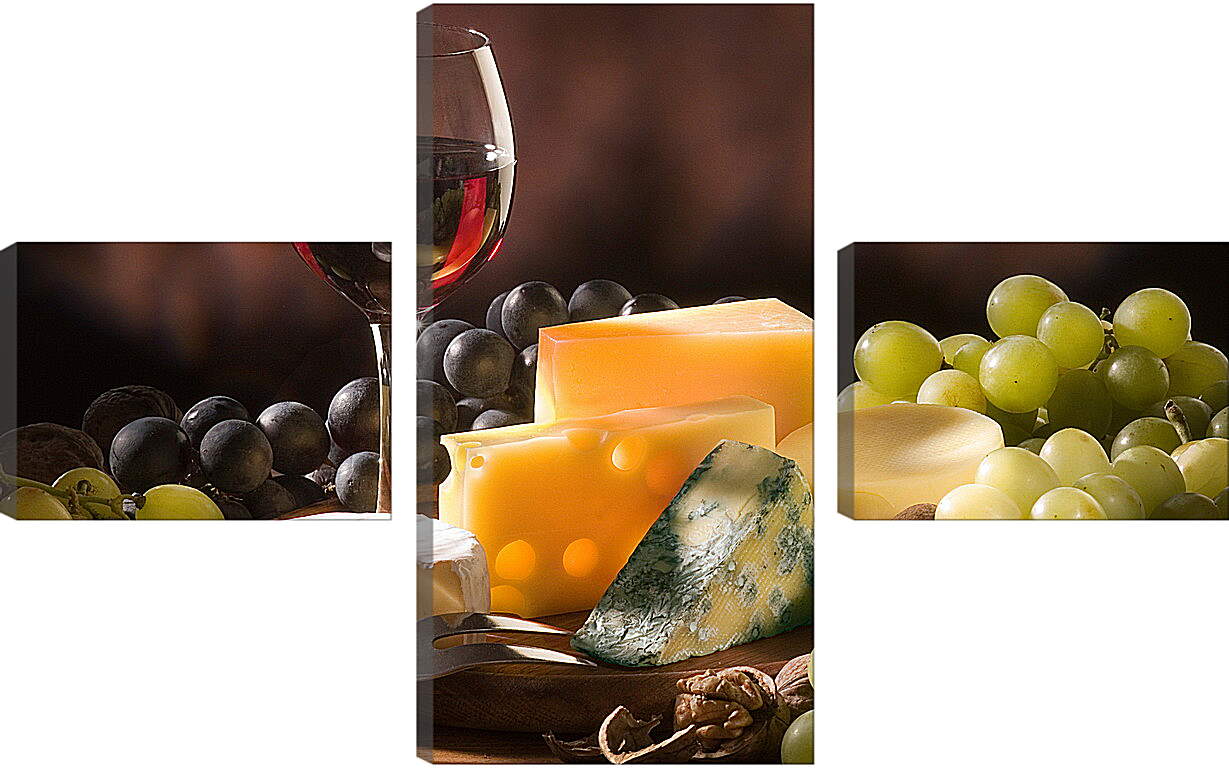Модульная картина - Разнообразие сыров, виноград и бокал вина