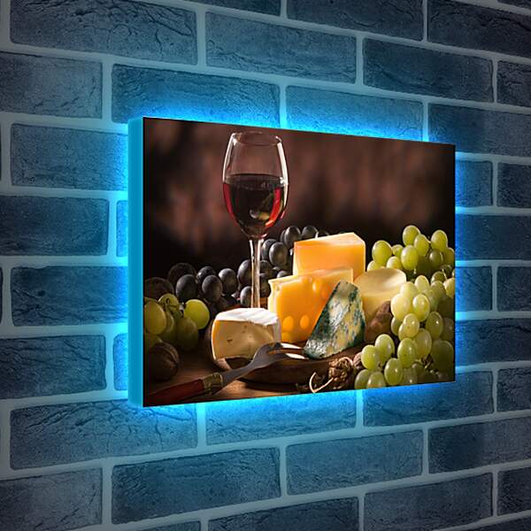 Лайтбокс световая панель - Разнообразие сыров, виноград и бокал вина