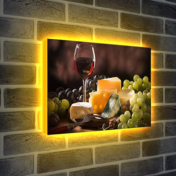Лайтбокс световая панель - Разнообразие сыров, виноград и бокал вина