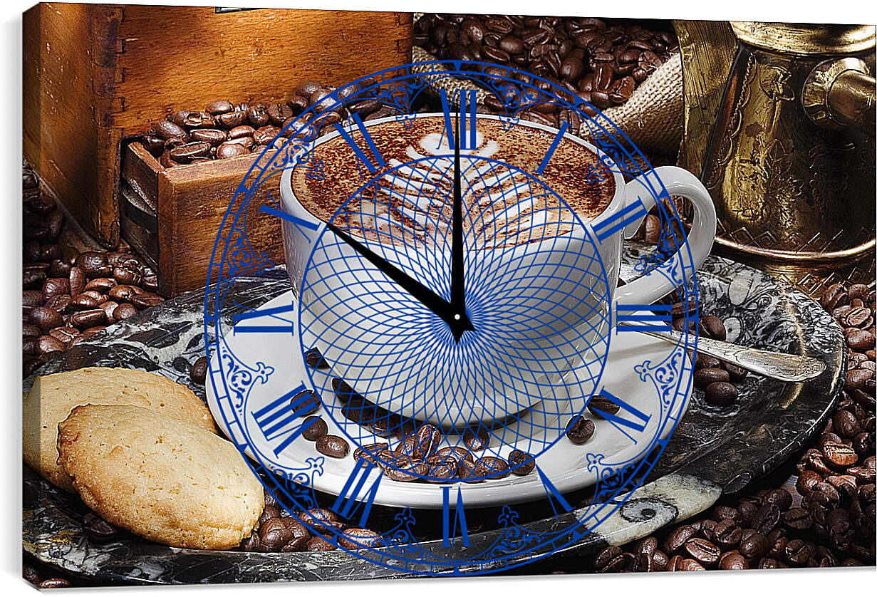 Часы картина - Зёрна кофе по всему столу и чашка на блюдце