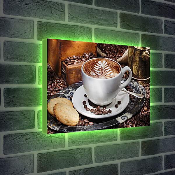 Лайтбокс световая панель - Зёрна кофе по всему столу и чашка на блюдце