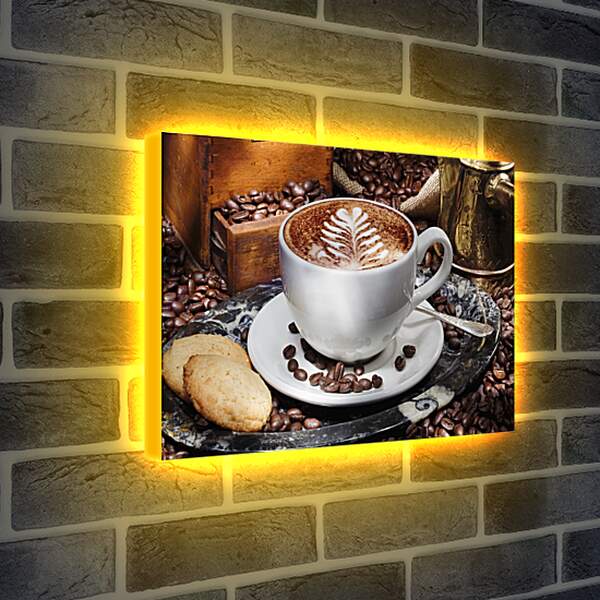 Лайтбокс световая панель - Зёрна кофе по всему столу и чашка на блюдце