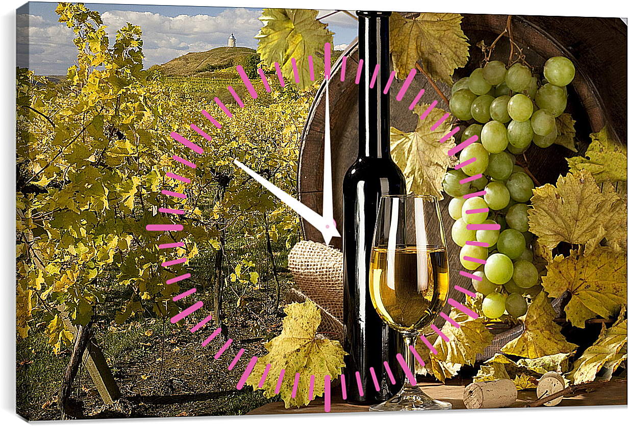 Часы картина - Виноградник, бокал и бутылка вина