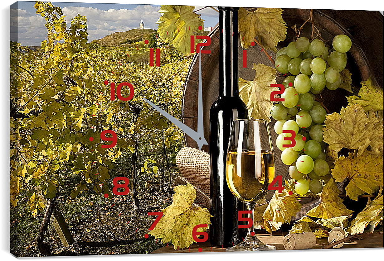 Часы картина - Виноградник, бокал и бутылка вина