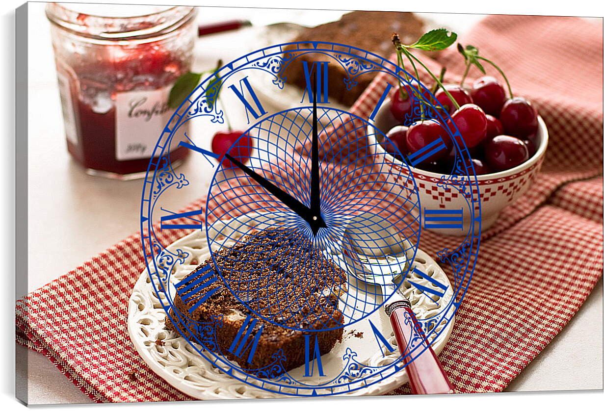 Часы картина - Баночка варенья, вишня и два кусочка торта