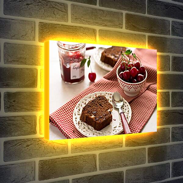 Лайтбокс световая панель - Баночка варенья, вишня и два кусочка торта
