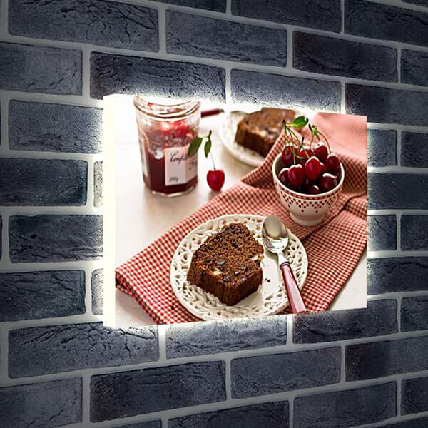Лайтбокс световая панель - Баночка варенья, вишня и два кусочка торта