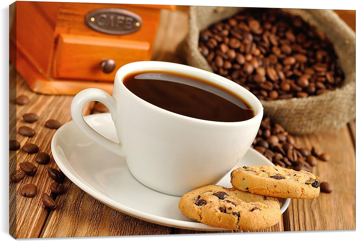 Постер и плакат - Чашка кофе на блюдце с печеньем и мешок с зёрнами кофе