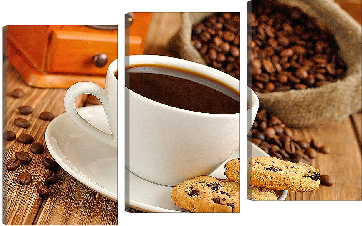 Модульная картина - Чашка кофе на блюдце с печеньем и мешок с зёрнами кофе