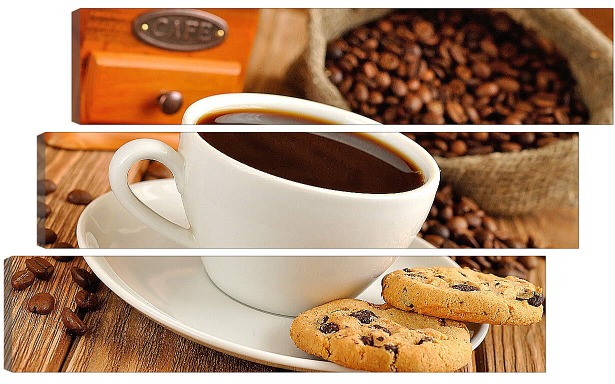 Модульная картина - Чашка кофе на блюдце с печеньем и мешок с зёрнами кофе