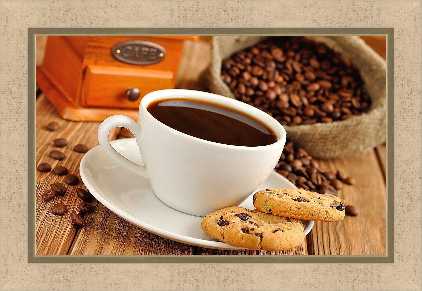 Картина в раме - Чашка кофе на блюдце с печеньем и мешок с зёрнами кофе