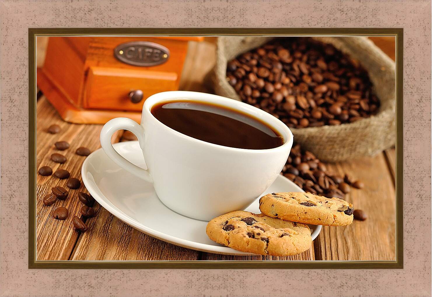 Картина в раме - Чашка кофе на блюдце с печеньем и мешок с зёрнами кофе