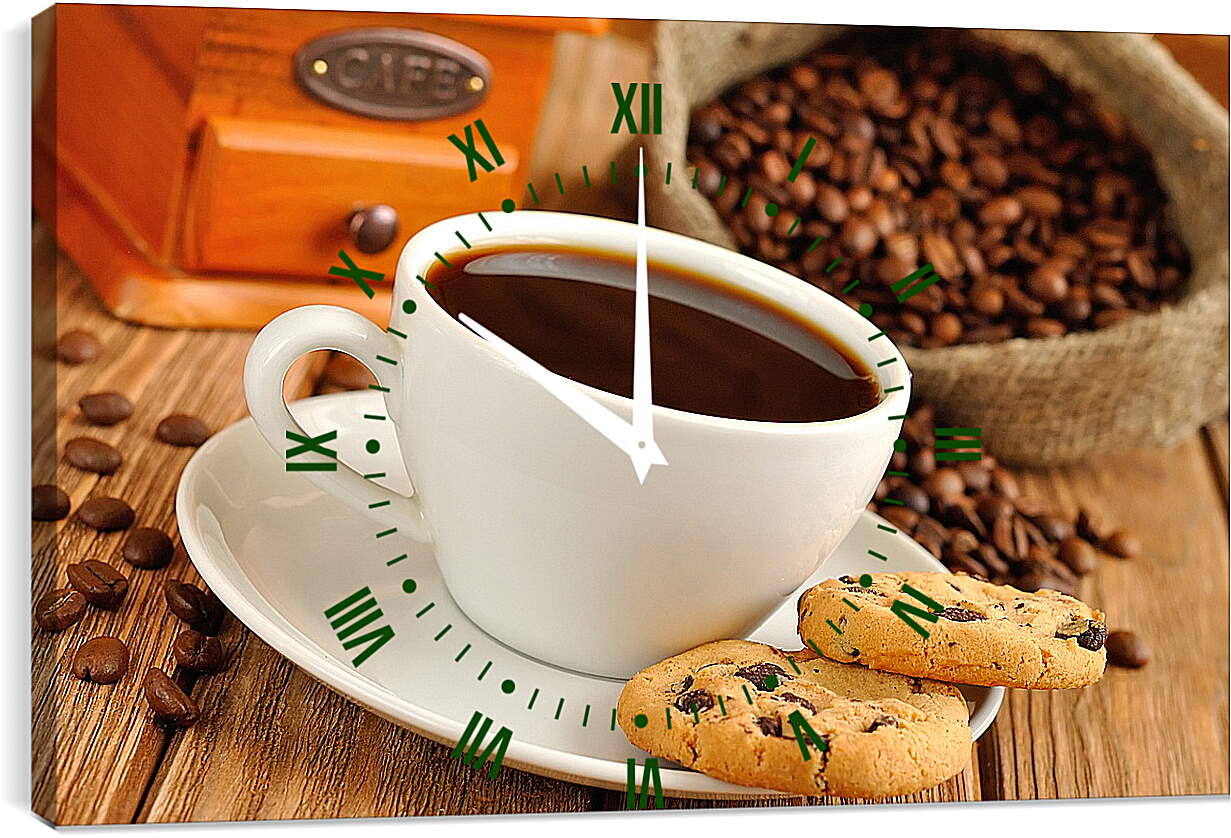 Часы картина - Чашка кофе на блюдце с печеньем и мешок с зёрнами кофе