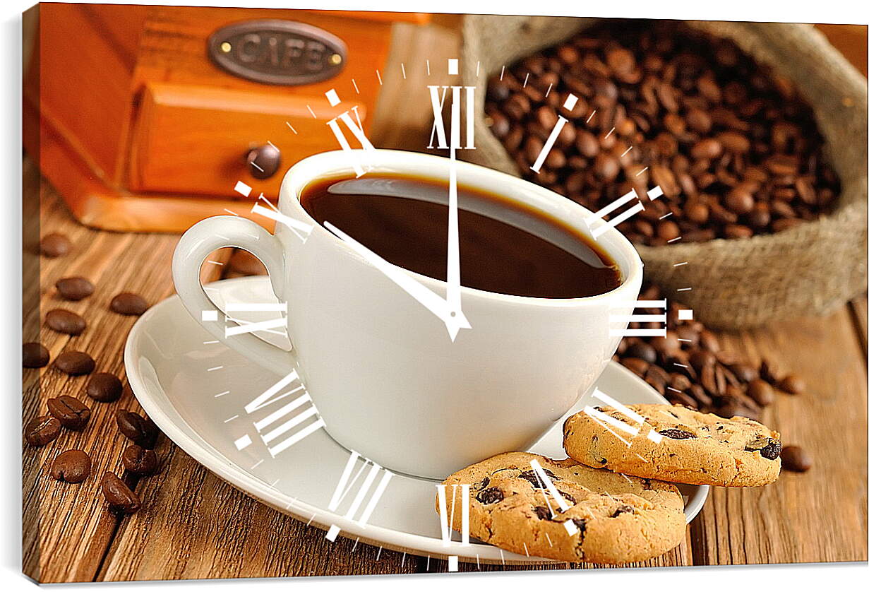 Часы картина - Чашка кофе на блюдце с печеньем и мешок с зёрнами кофе