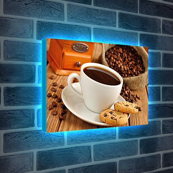 Лайтбокс световая панель - Чашка кофе на блюдце с печеньем и мешок с зёрнами кофе
