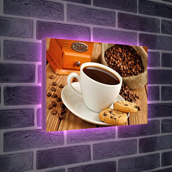 Лайтбокс световая панель - Чашка кофе на блюдце с печеньем и мешок с зёрнами кофе