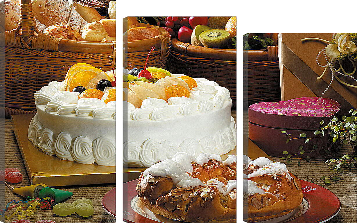 Модульная картина - Фрукты, хлебная выпечка и торт