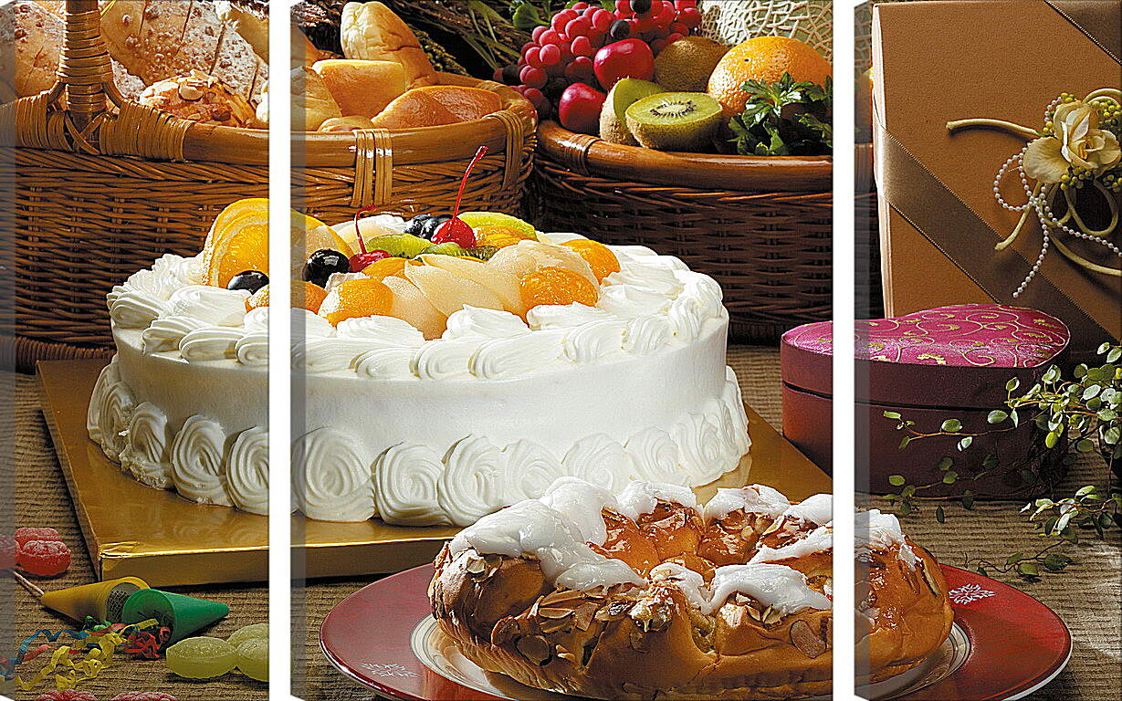 Модульная картина - Фрукты, хлебная выпечка и торт