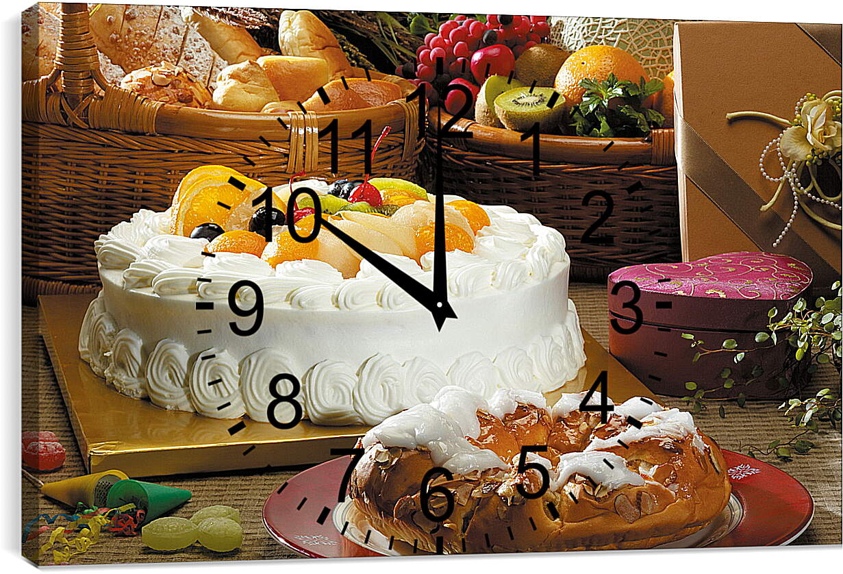 Часы картина - Фрукты, хлебная выпечка и торт