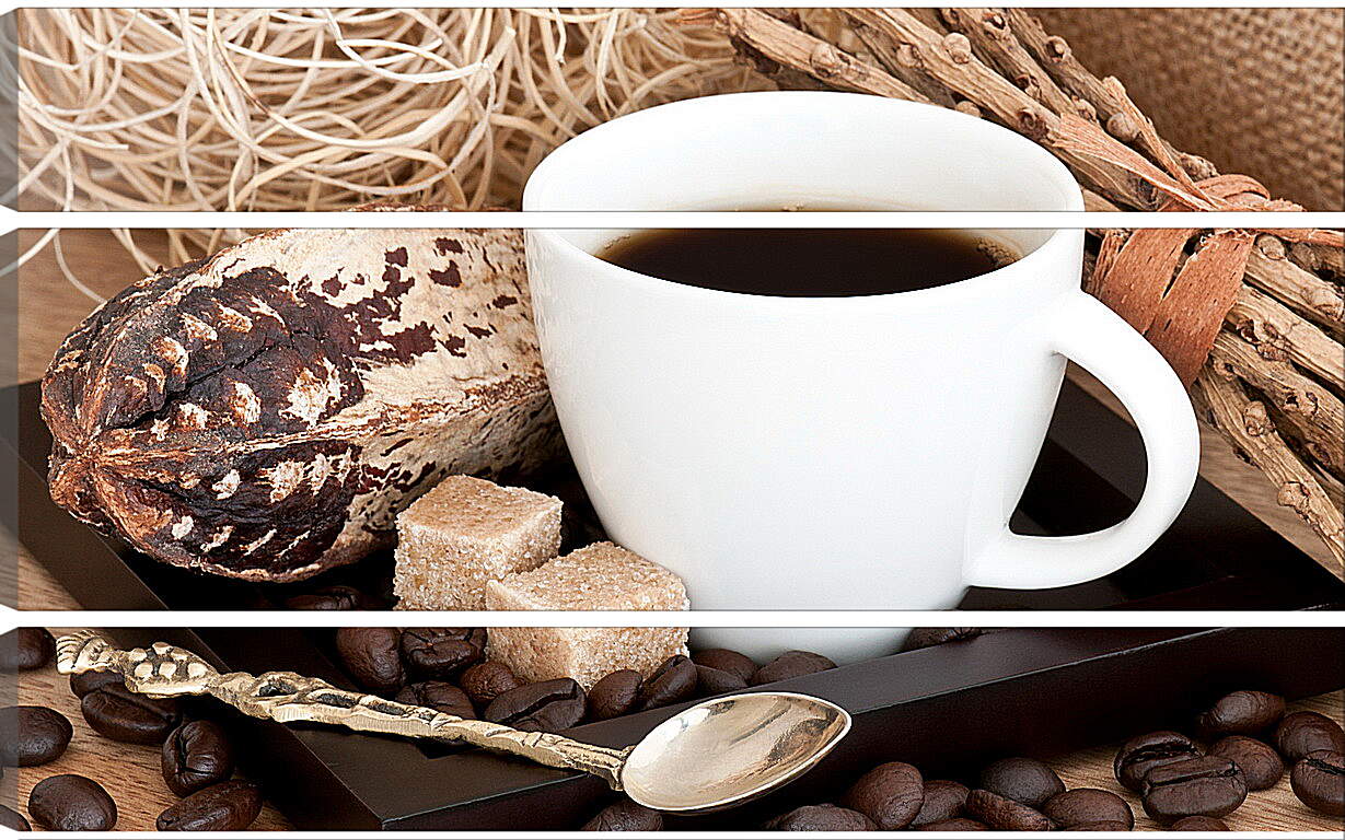 Модульная картина - Два кусочка сахара, зёрна кофе и чашечка