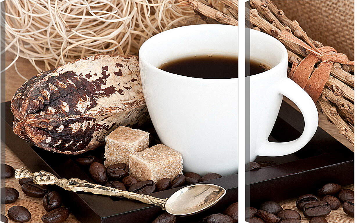 Модульная картина - Два кусочка сахара, зёрна кофе и чашечка