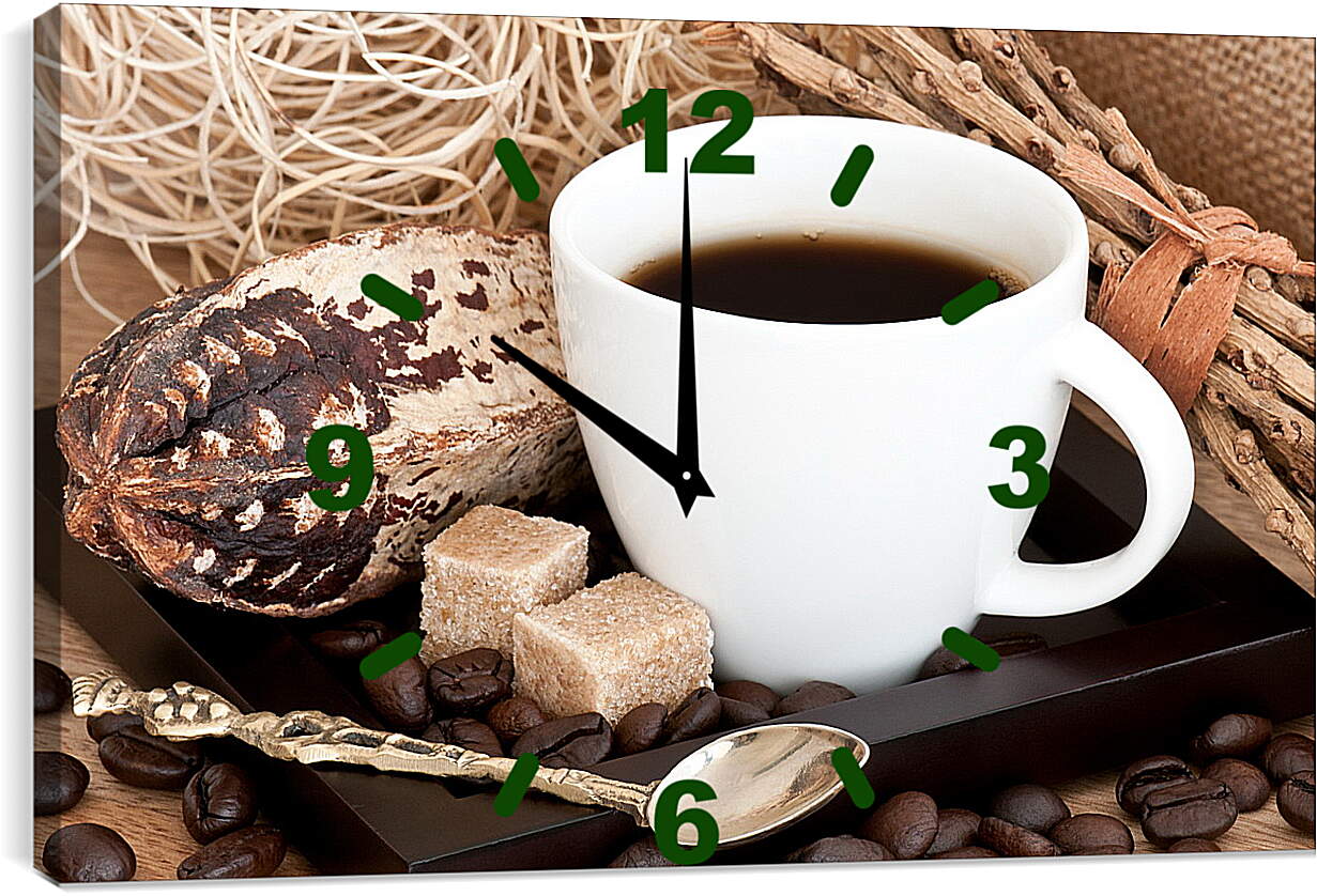 Часы картина - Два кусочка сахара, зёрна кофе и чашечка