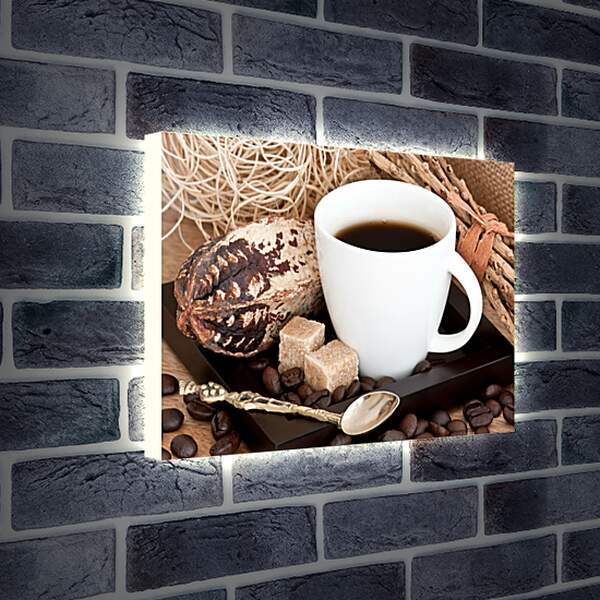 Лайтбокс световая панель - Два кусочка сахара, зёрна кофе и чашечка