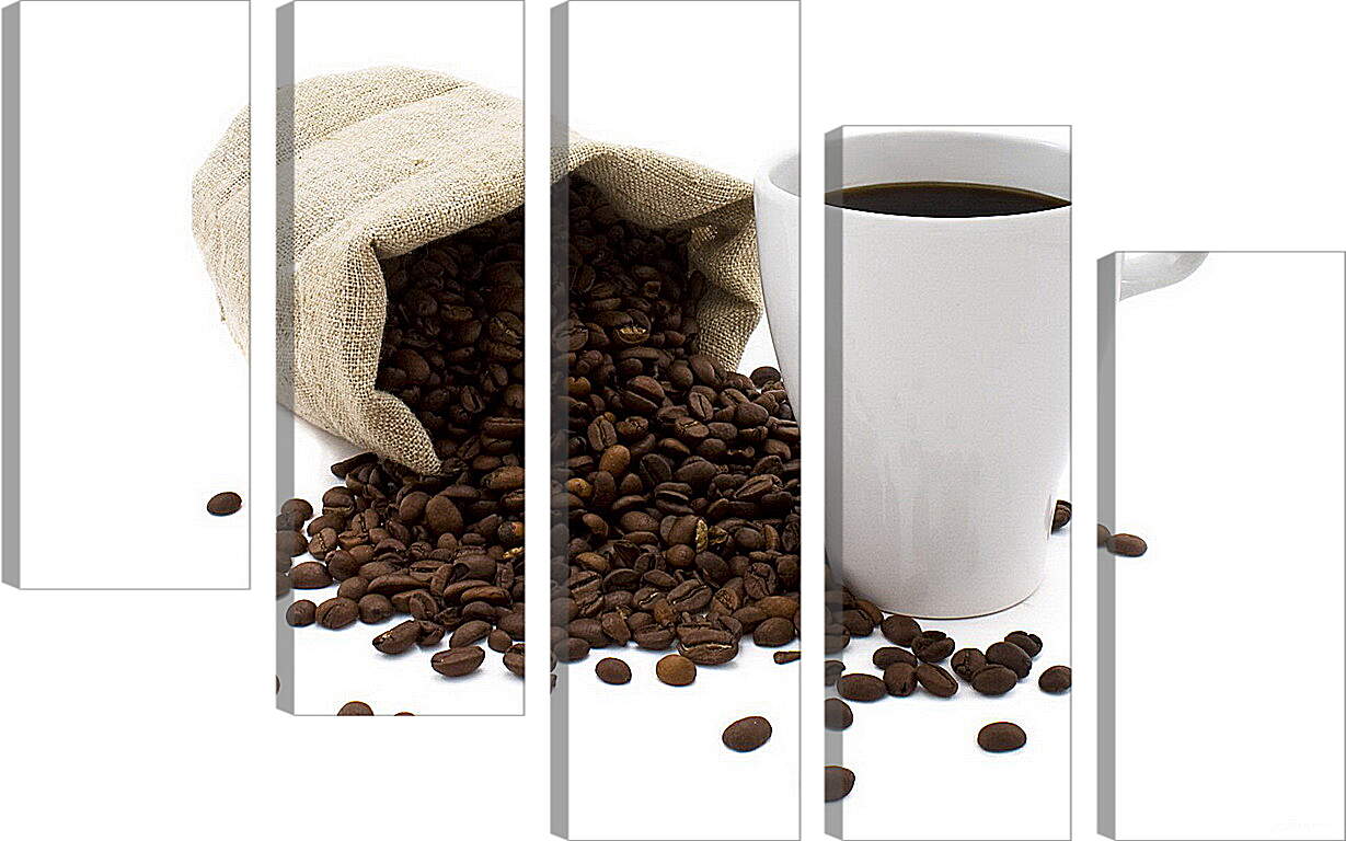 Модульная картина - Рассыпанные зёрна из мешка и чашка кофе