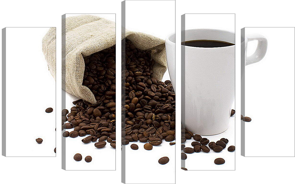 Модульная картина - Рассыпанные зёрна из мешка и чашка кофе