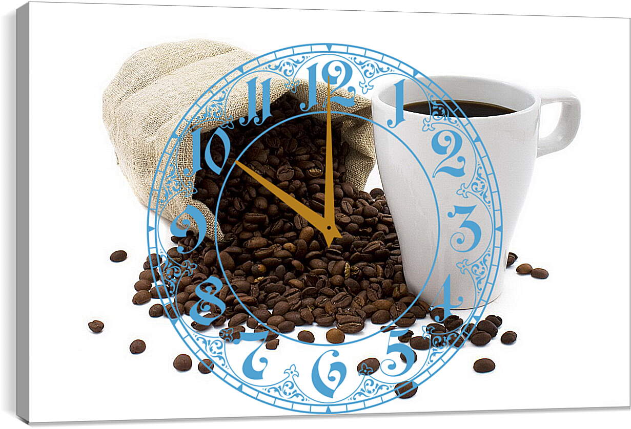 Часы картина - Рассыпанные зёрна из мешка и чашка кофе