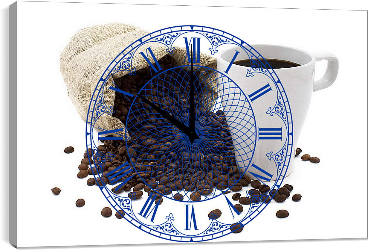 Часы картина - Рассыпанные зёрна из мешка и чашка кофе
