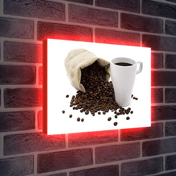 Лайтбокс световая панель - Рассыпанные зёрна из мешка и чашка кофе