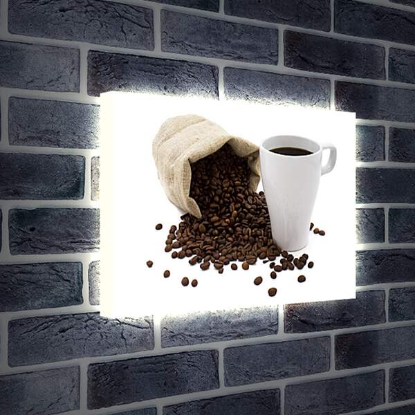 Лайтбокс световая панель - Рассыпанные зёрна из мешка и чашка кофе