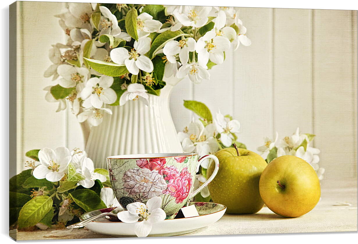 Постер и плакат - Два яблока, цветы и чашка на блюдце