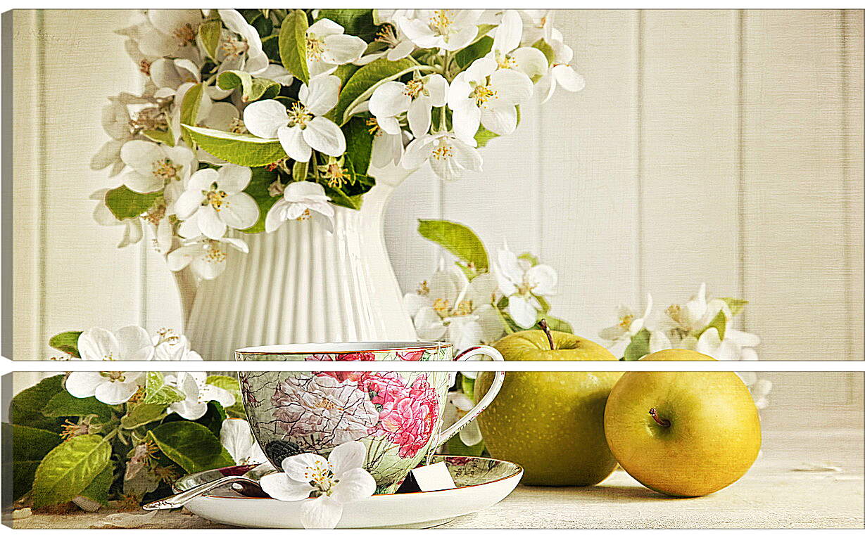 Модульная картина - Два яблока, цветы и чашка на блюдце