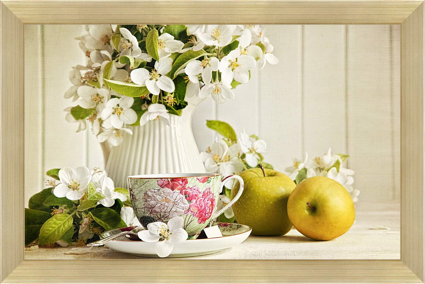 Картина в раме - Два яблока, цветы и чашка на блюдце