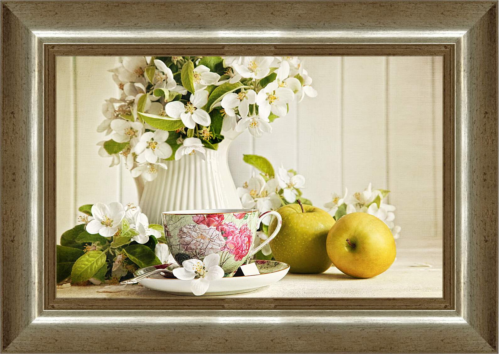 Картина в раме - Два яблока, цветы и чашка на блюдце
