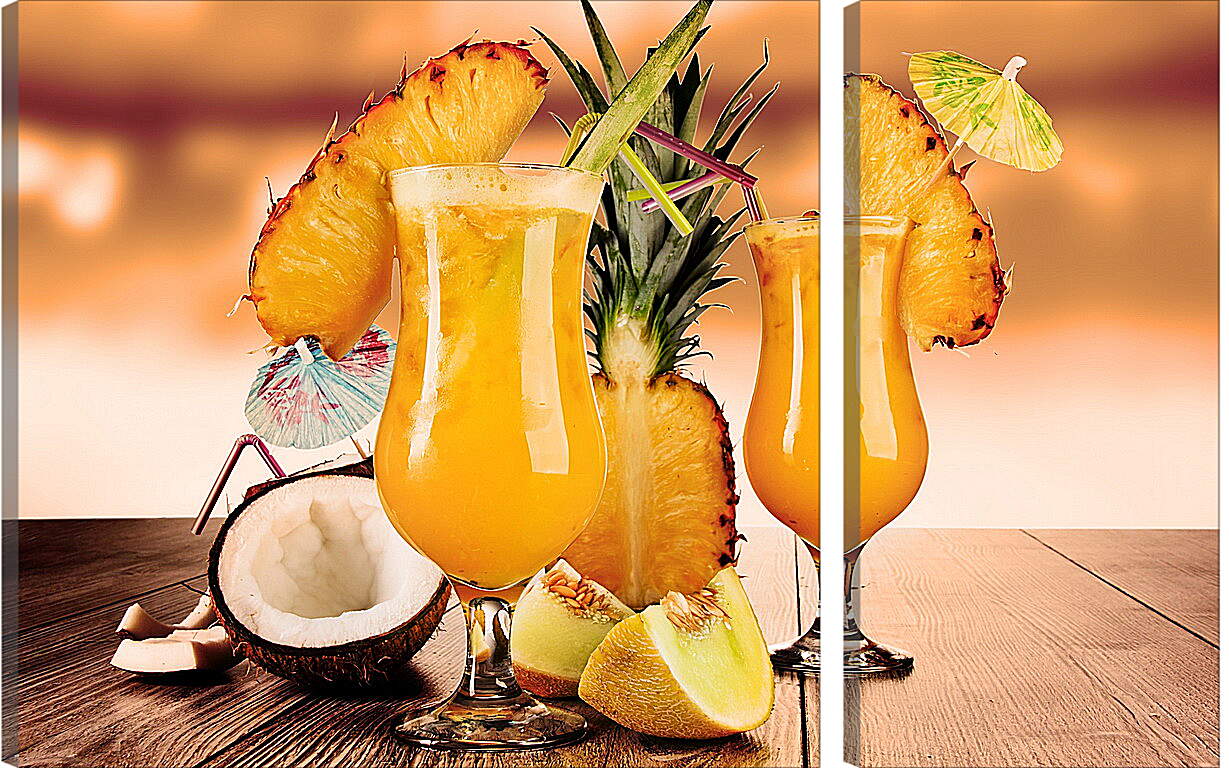 Модульная картина - Половина ананаса и два бокала коктейля на столе