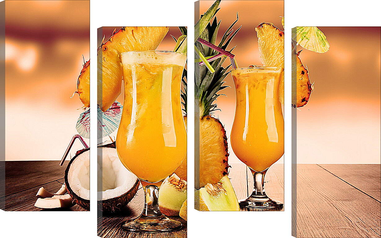 Модульная картина - Половина ананаса и два бокала коктейля на столе