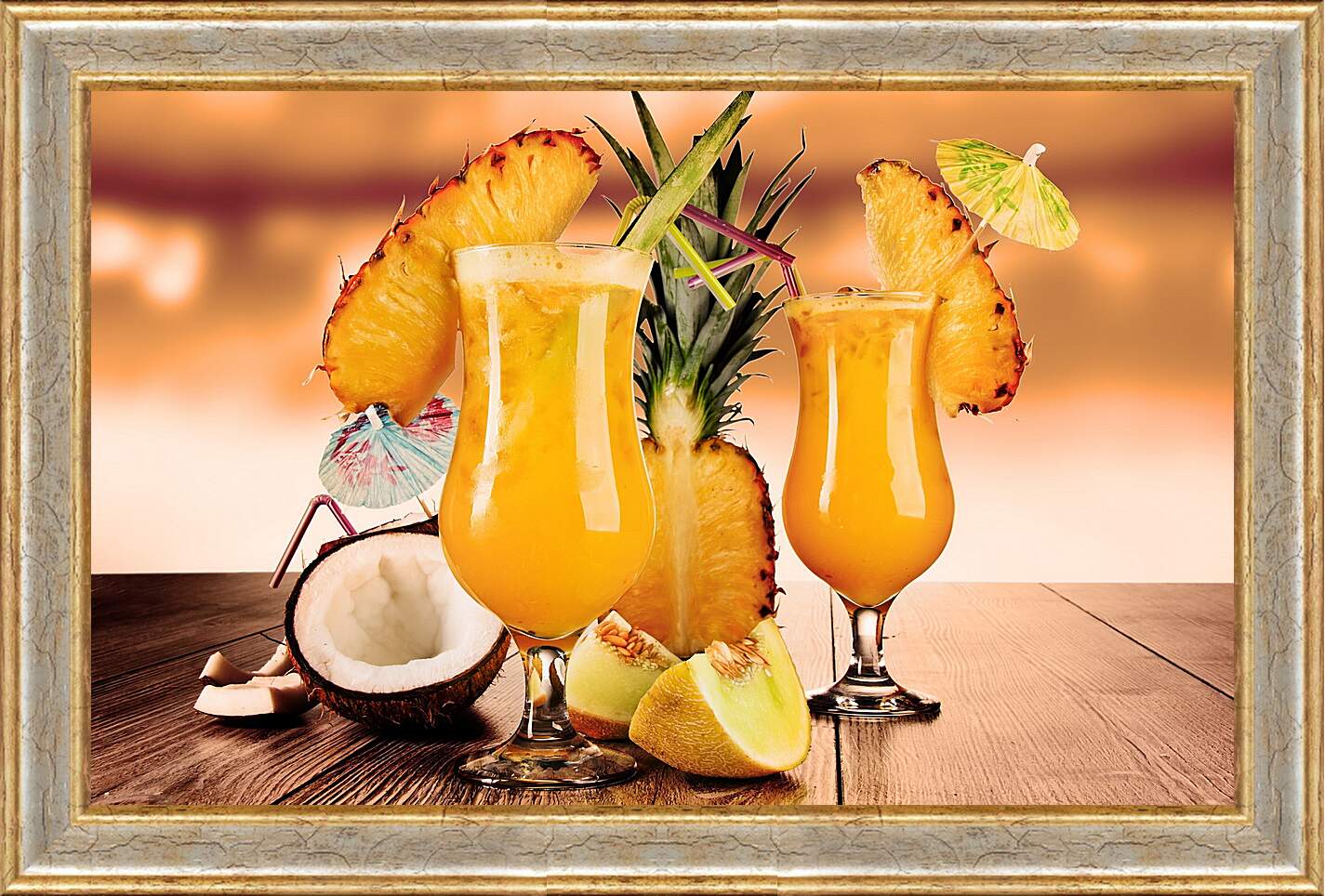 Картина в раме - Половина ананаса и два бокала коктейля на столе