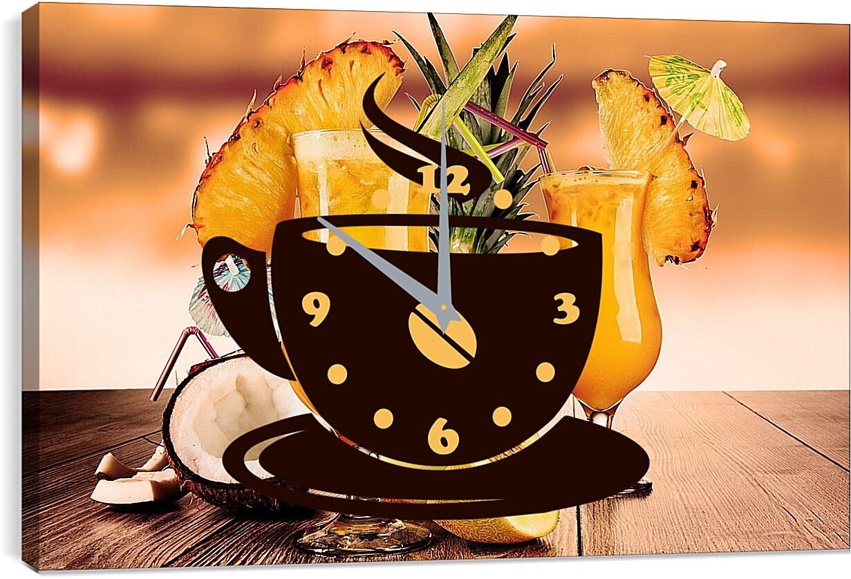 Часы картина - Половина ананаса и два бокала коктейля на столе