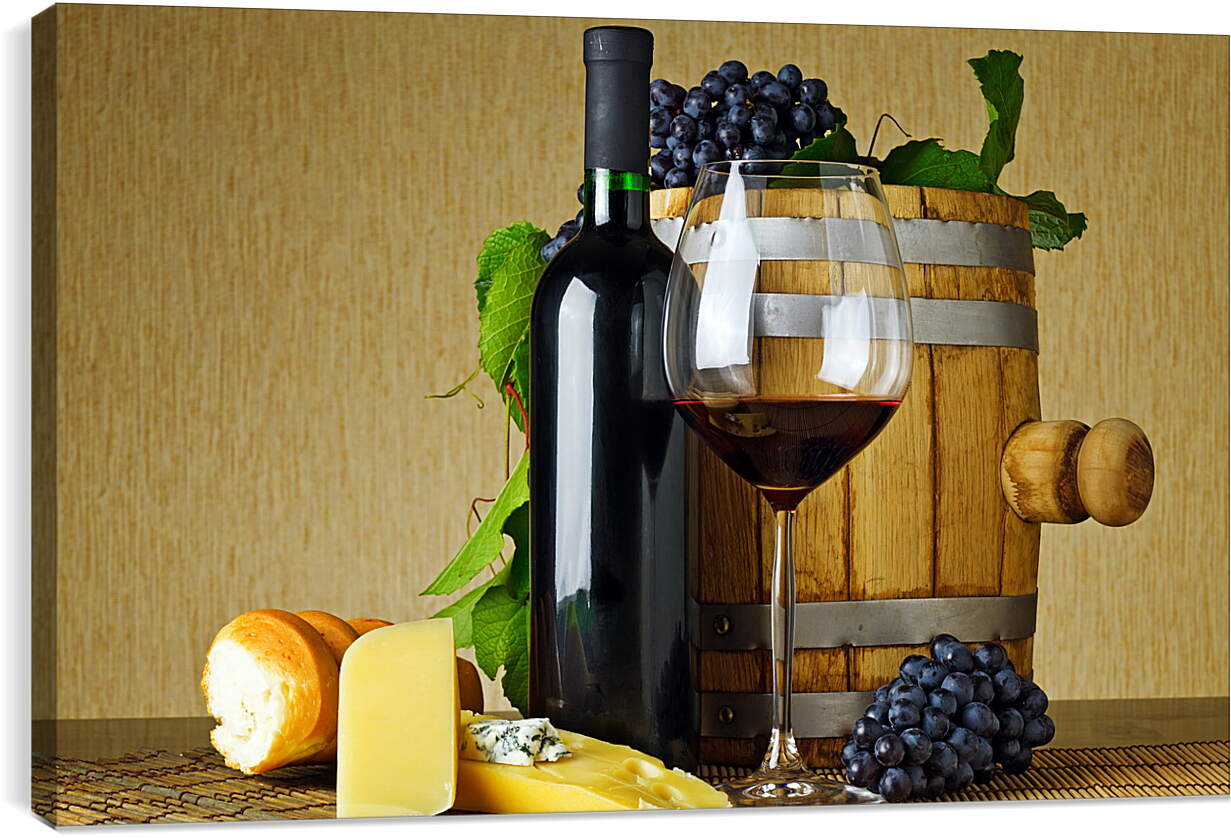 Постер и плакат - Бочка, булка, сыр, виноград и вино