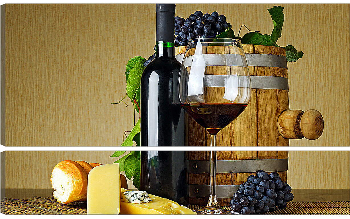 Модульная картина - Бочка, булка, сыр, виноград и вино