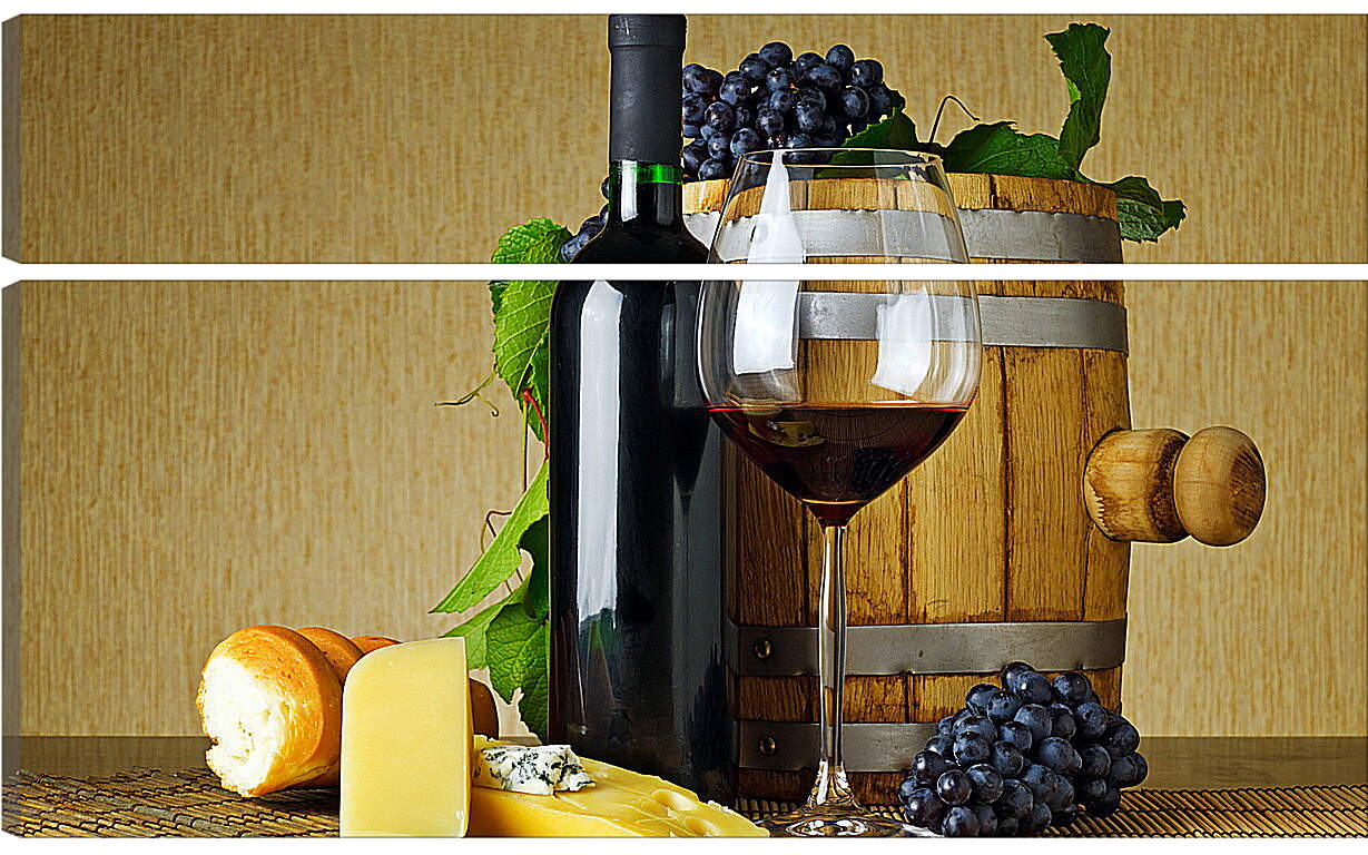 Модульная картина - Бочка, булка, сыр, виноград и вино