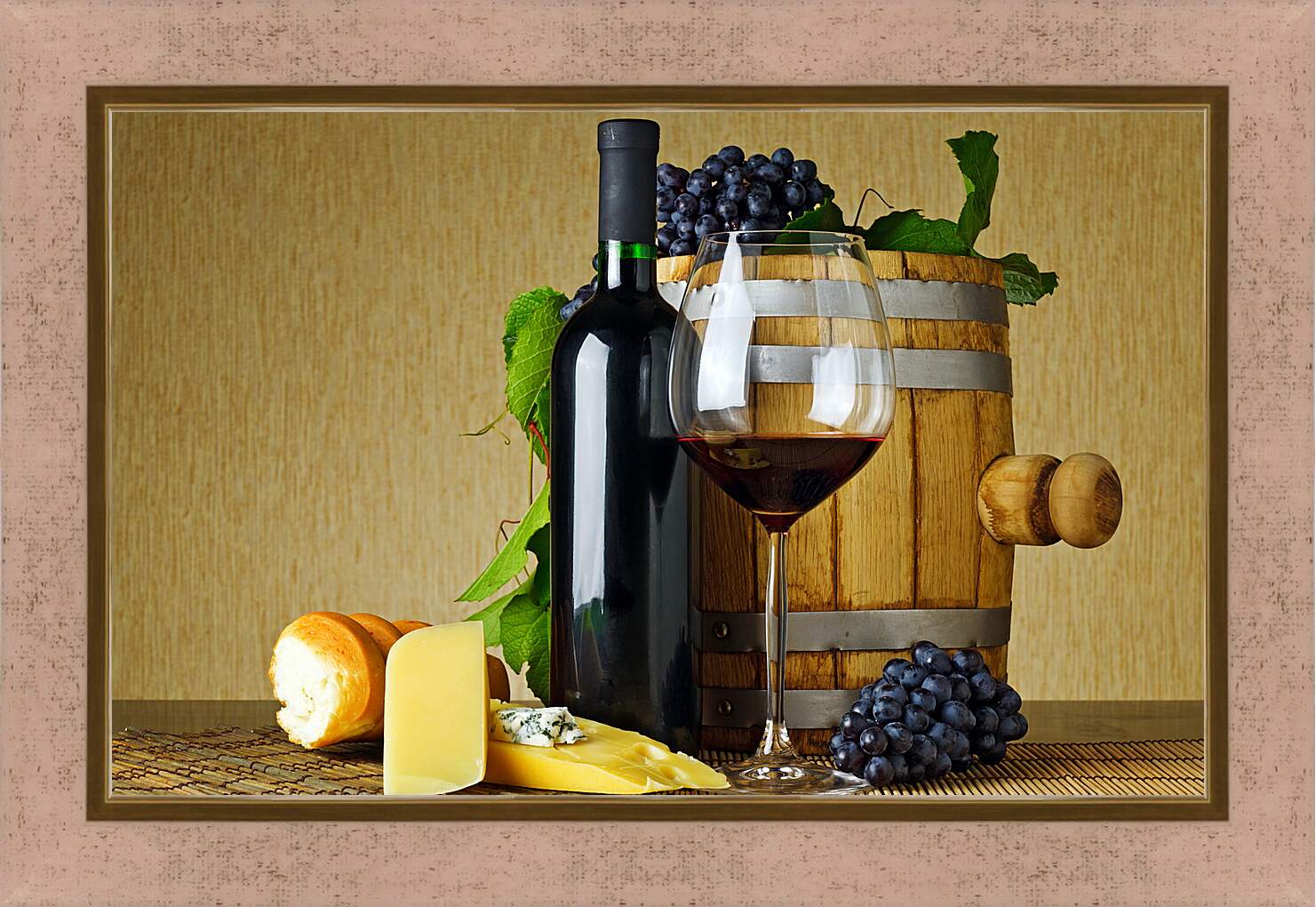 Картина в раме - Бочка, булка, сыр, виноград и вино