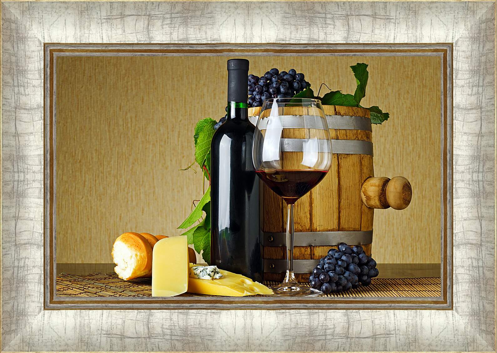 Картина в раме - Бочка, булка, сыр, виноград и вино